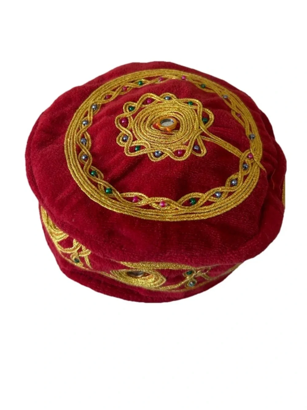 Vintage Turkish Velvet Fez Hat Gold Embroidered Jeweled Festival Cap - Picture 2 of 12